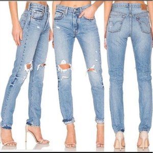 Levis 501 High Rise Button Fly Straight Leg Jean Distressed Blue Size 28